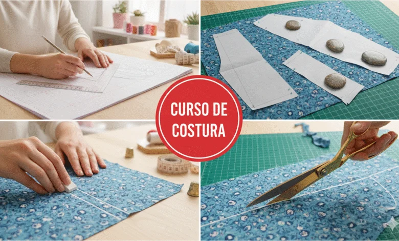woman sketching a basic blouse pattern on pattern paper with rulers and pencil